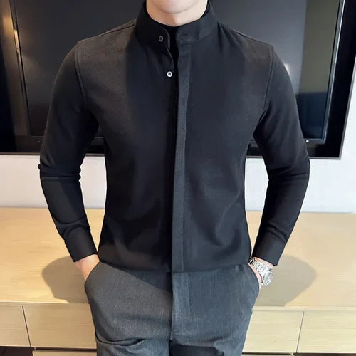 Bonsir Autumn Winter Two Fake Woolen Shirts for Men Fashion Stand Collar Casual Business Dress Shirts Social Party Tuxedo Blouse