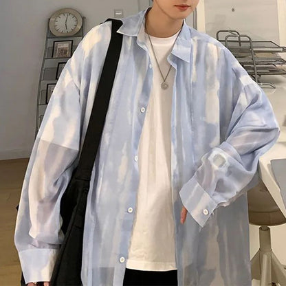 sanyamk New Y2k See-through Lapel Top Men's Trendy High Street Loose Chiffon Shirt Thin Section Casual Oversized Long-sleeved Shirt Coat