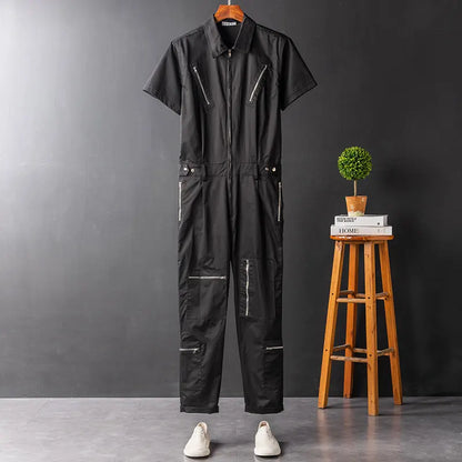 sanyamk  -  Summer Overalls Men Jumpsuit Lapel Cotton Short Sleeve Multi-Pocket  Zipper Hip Hop Streetwear Pants Black Gray Trousers