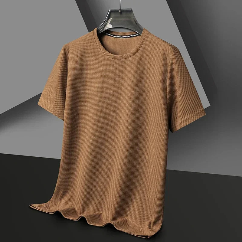 sanyamk 2024 Summer New Waffle Round Neck Short Sleeved Men T-shirt Minimalist Solid Color Male Top