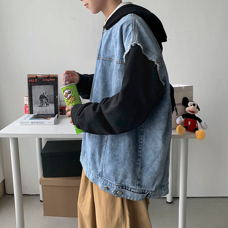 sanyamk Autumn Pullover Denim Jacket Men Fashion Casual Hooded Jacket Men Streetwear Hip Hop Loose Bomber Jacket Mens Hoodies M-3XL