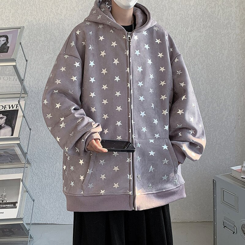 Bonsir Golden Star Thickened Zipper Hoodies Men Oversized Suede Fashion Male Hooded Cardigan Hip Hop New Unisex Clothing