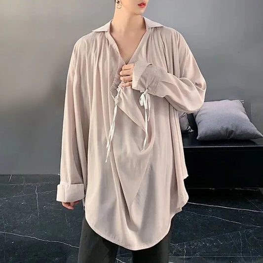 sanyamk 2024 New Genderless Sexy Nightclub Long-Sleeved Pullover Shirt Unique Retro Solid Color Pleated Casual Loose Shirt For Men