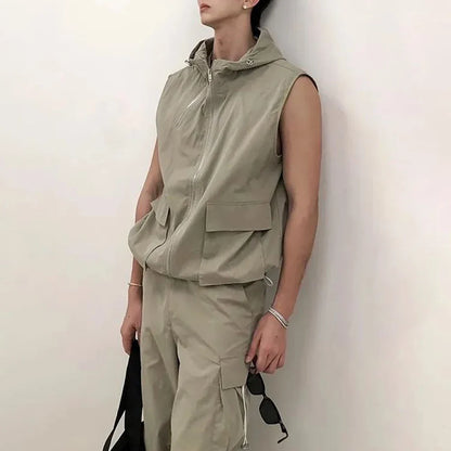 sanyamk Mens Y2k Functional Multi-Pocket Casual Hooded Vest 2024 New Genderless Fashion Loose Solid Color Sleeveless Tank Top Unisex