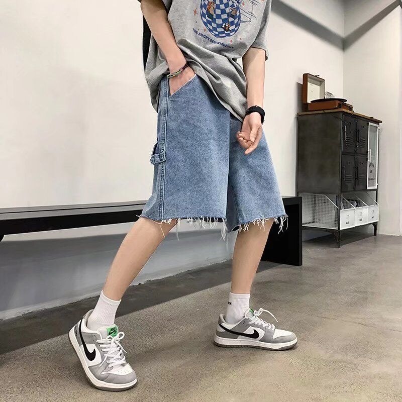 sanyamk Summer Blue Denim Shorts Men Fashion Retro Casual Straight Denim Shorts Mens Streetwear Loose Hip Hop Cargo Jeans Shorts Men