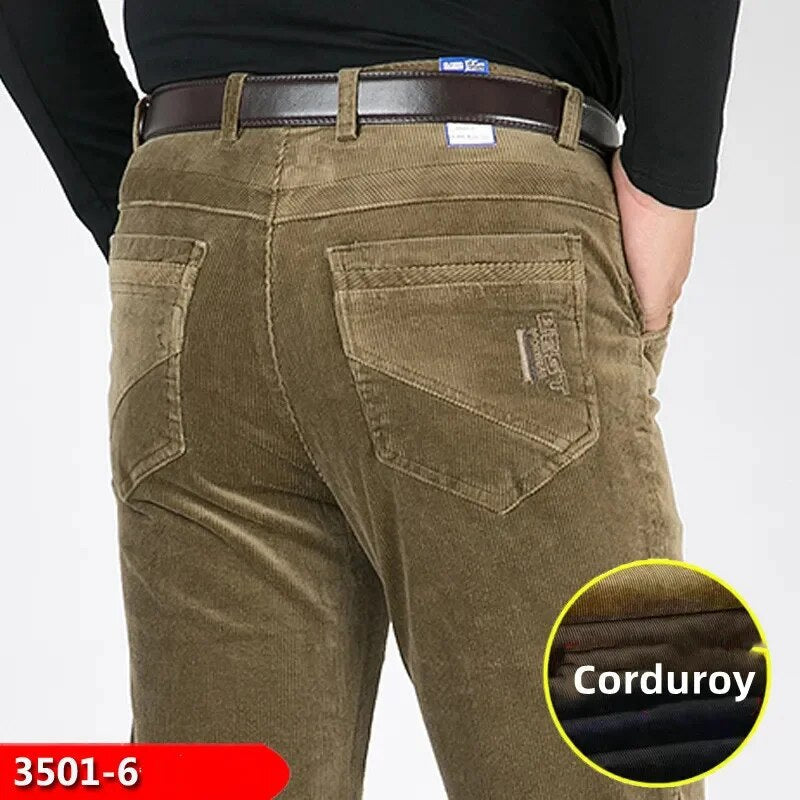 Bonsir Autumn and winter Pants Men Black Khaki Corduroy Business Casual loose elastic Straight pants thick trousers Male