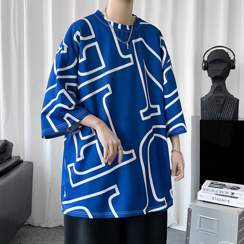 sanyamk Spring Summer Man Round Neck Men's Clothing Oversized Fashion Casual Geometric Pullovers Printing Short Sleeve Handsome T-Shirts