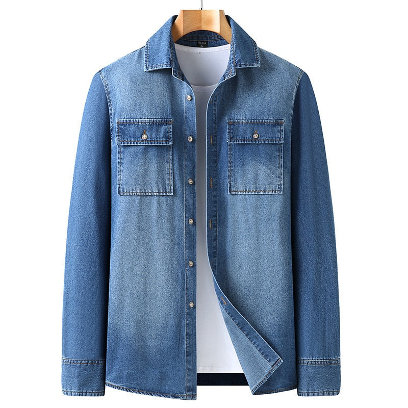 sanyamk Plus Size L-5XL 6XL 7XL 8XL 100% Denim Cotton Shirt For Men's Long Sleeves 2023 Spring Autumn Style Fashion Casual Clothing