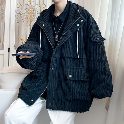 sanyamk Corduroy Men Cargo Jackets Autumn Outerwear Male Multi-pocket Hooded Coat Mens Jacket Korean Fashion Windproof Tops Streetwear