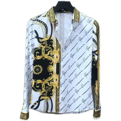 sanyamk Spring Autumn Polo-neck Trend Fashion Printing Cardigan Shirt Men Long Sleeve Slim Casual All-match Vintage Blouse Homme Tops