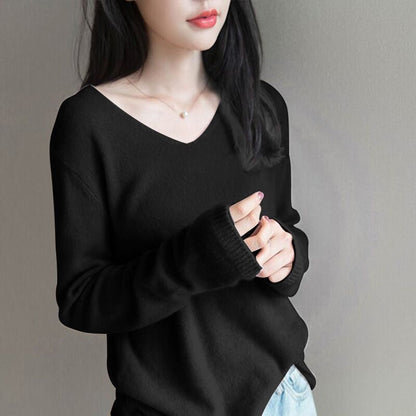 sanyamk Early Spring Ultra-Thin Micro-Permeable Worsted Wool Sweater V-Neck Loose And Thin Top Foreign-Style Bottoming Shirt Women