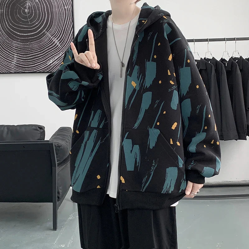 BONSIR  -  Men Korean Style Hoodies Vintage Printed Long Sleeve Oversized Hooded Sweatshirt Mens Casual Streetwear Hoodie Coats