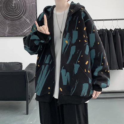 BONSIR  -  Men Korean Style Hoodies Vintage Printed Long Sleeve Oversized Hooded Sweatshirt Mens Casual Streetwear Hoodie Coats