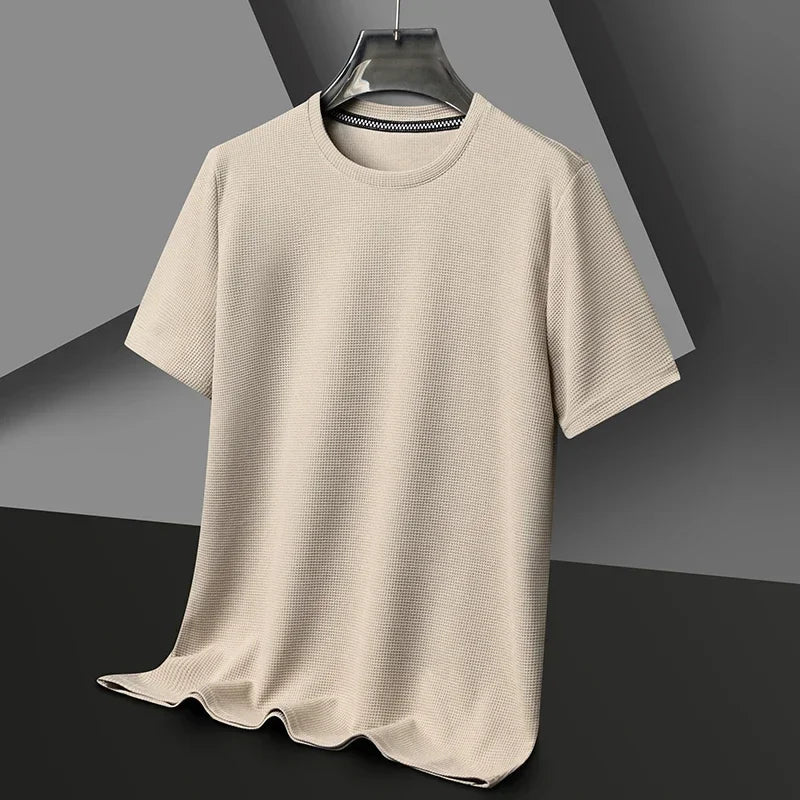 sanyamk 2024 Summer New Waffle Round Neck Short Sleeved Men T-shirt Minimalist Solid Color Male Top