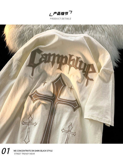 sanyamk 2022 New Arrival Top Fashion Summer Cotton O-neck Retro Heavy Print Short Sleeve Vintage Crucifix Gothic Personalized Tshirt