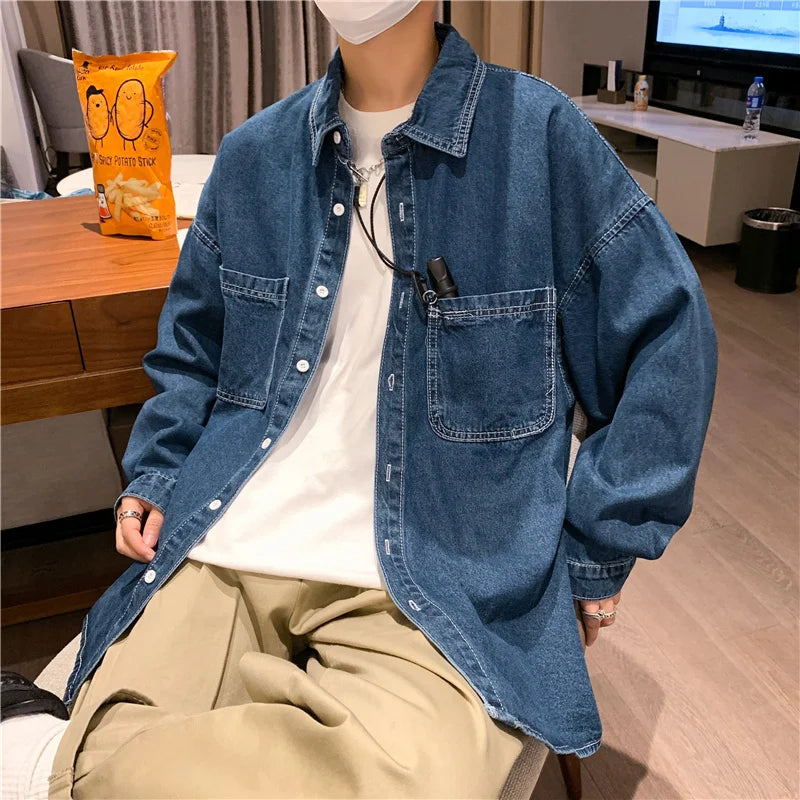 sanyamk Autumn ins high street cowboy shirt men's design inside couple simple long sleeve outside Lapel shirt Denim camisa jeans