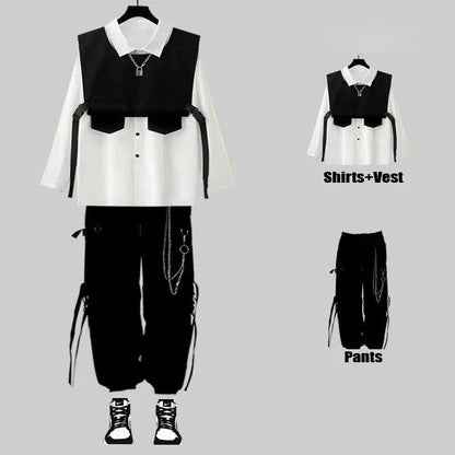 sanyamk Techwear Men's Sets Black Cargo Pants Men's Shirt Kit Long Sleeve Shirts Korean Streetwear Hip Hop Harajuku Spring