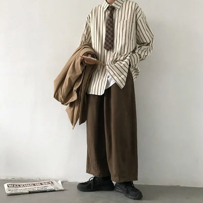 sanyamk Men Vintage Set Spring Autumn Couple Casual Suits New Stripe Loose Long Sleeve Shirt+High Street Wide Leg Pants Two Piece Set