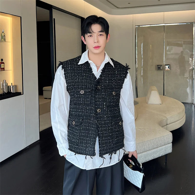 sanyamk Korean Style Coarse Tweed Vest Coat Trend Men Knit Burrs Casual Tank Tops Fashion Male Versatile Elgance Clothing 582acb