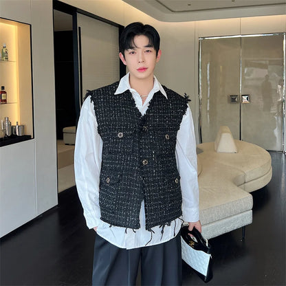 sanyamk Korean Style Coarse Tweed Vest Coat Trend Men Knit Burrs Casual Tank Tops Fashion Male Versatile Elgance Clothing 582acb