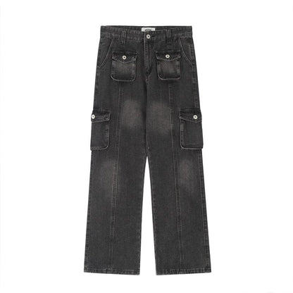 sanyamk High Street Washed Pockets Retro Jeans Pants for Men Straight Distressed Casual Baggy Denim Trousers Loose Hip Hop Cargos