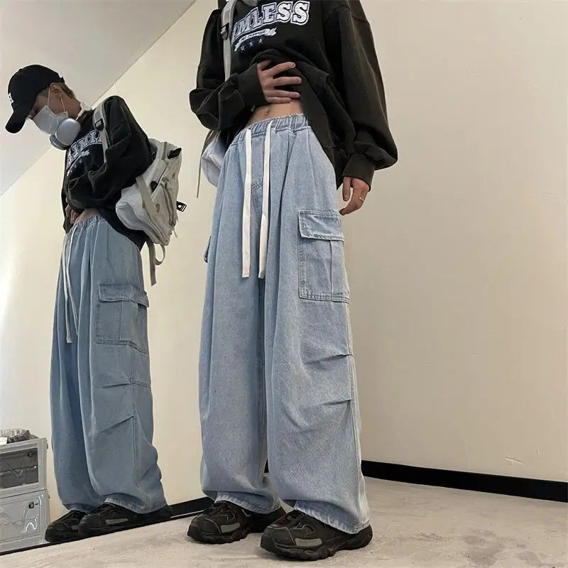 sanyamk Spring and Autumn High Street Men and Women Trendy American Washed Straight leg Jeans Couple American Loose Retro Casual Pants