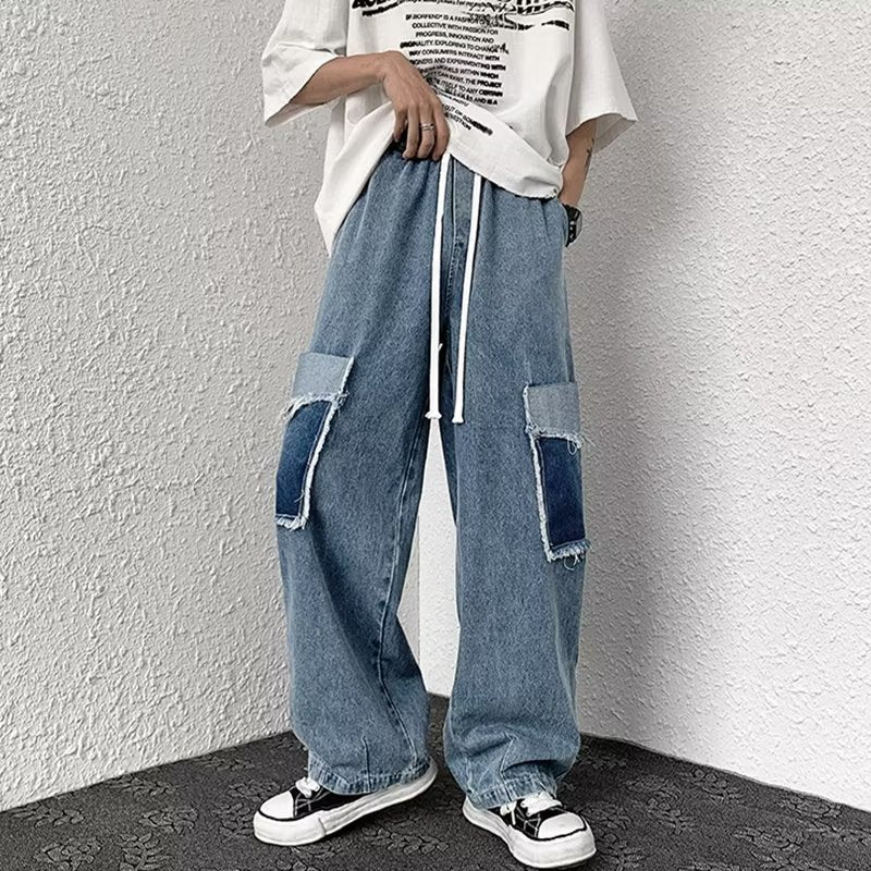 sanyamk Patch Torn Jeans Men's Retro Straight Tube Loose and Versatile Wide Leg Pants High Street Ins Trendy Plus size Beggar Pants