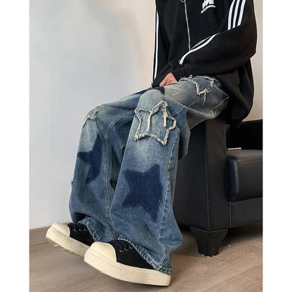 sanyamk Star Embroidery Patchwork  Jeans Men Straight Casual Autumn New Wide Leg Hip-hop Fashion Youth Neutral Streetwear Denim Trousers