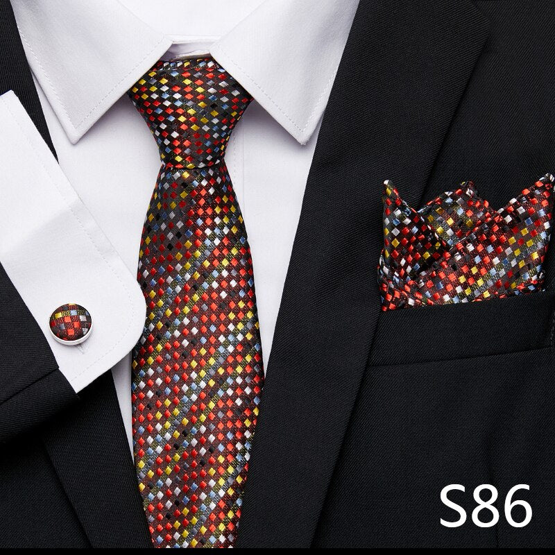 sanyamk Newest design Silk Festive Present Tie Handkerchief Cufflink Set Necktie Man's Plaid Yellow Shirt Accessories