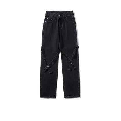 sanyamk American High Street Jeans for Men, Washed Straight-leg Trousers with Straps, Casual, Comfortable and Versatile Long Trousers