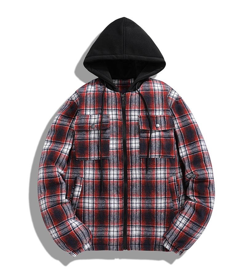 Bonsir Men's Autumn Winter Plaid Shirt Outwear Hood Mens Cashmere Thicken Shirt zipper Hoodies Jacket Men