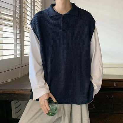 Bonsir Turn-down Collar Sweater Vest Men Loose Japanese Style Retro Hipster Simple All-match Sleeveless Streetwear Handsome Leisure