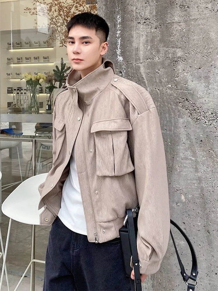 sanyamk -  Texture Spring Pleated Fabric Stand Collar Men's Short Coat New Fashion Three-dimensional Bag Korean Trendyjackets