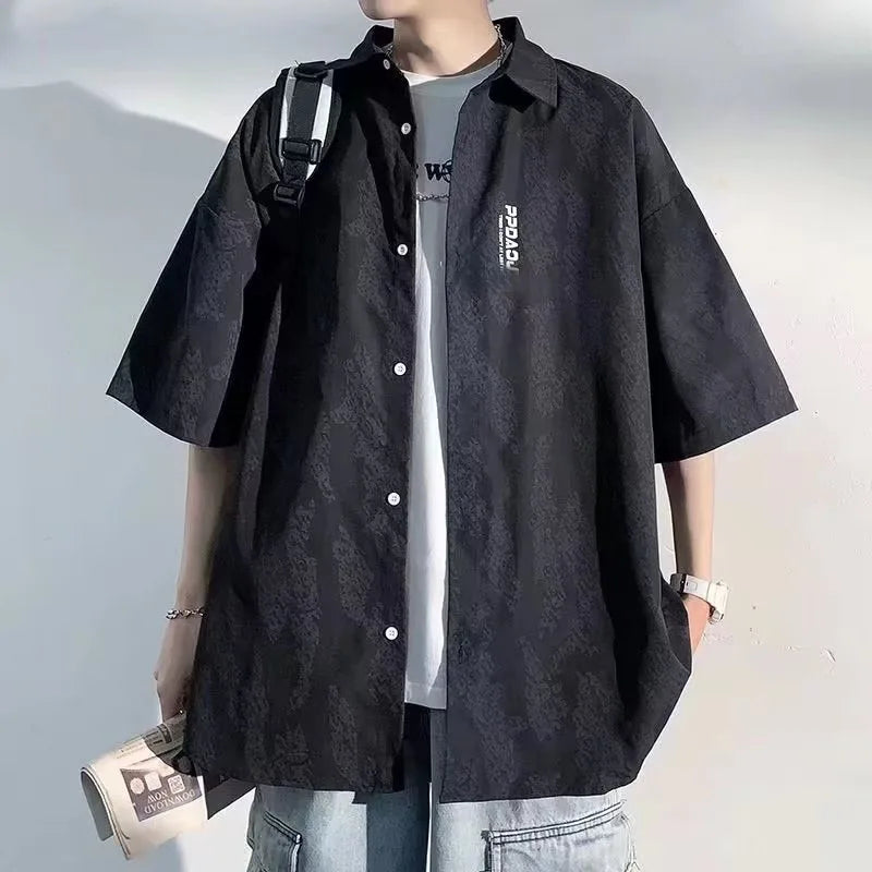 sanyamk Men's Clothing 2024 Summer Trendy Print Short Sleeve Oversized Button Down Shirt Youth Korean Casual Streetwear Hip Hop Y2K Tops