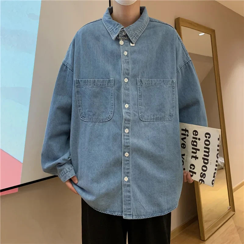 sanyamk Autumn ins high street cowboy shirt men's design inside couple simple long sleeve outside Lapel shirt Denim camisa jeans