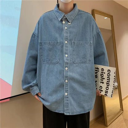 sanyamk Autumn ins high street cowboy shirt men's design inside couple simple long sleeve outside Lapel shirt Denim camisa jeans