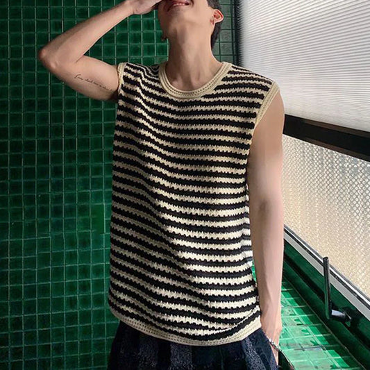 sanyamk Mens Striped Casual Sleeveless Knitted Vest 2024 New Summer Streetwear Loose Sexy Simple Retro Personalized Tank Top Unisex