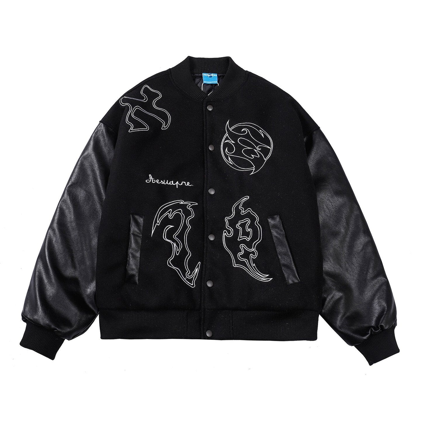 sanyamk Mens Hip Hop Baseball Jacket Letter Embroidery Leather Sleeve Patchwork Loose Outerwear Streetwear Vintage Bomber Jacket Male