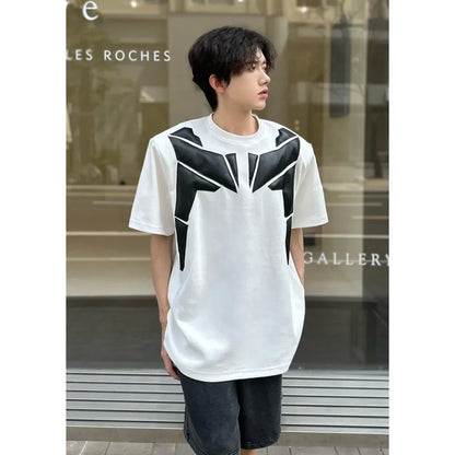 sanyamk  -  Summer Fashion Men T-shirts Black White Contrast PU Leather Patchwork Short Sleeve Tops Tees Hip Hop High Street Clothing