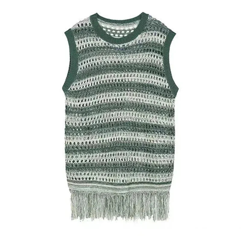 Bonsir Striped Mesh Vest for Men Vintage Knit Tank Tops Sleeveless Tee Male Casual Summer Beach Japanese Streetwear Hip Hop