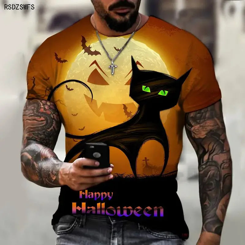 sanyamk Halloween Summer Men's New T-shirt 3D Printed Bat Pattern Fashionable, Casual, Comfortable Street Plus Size