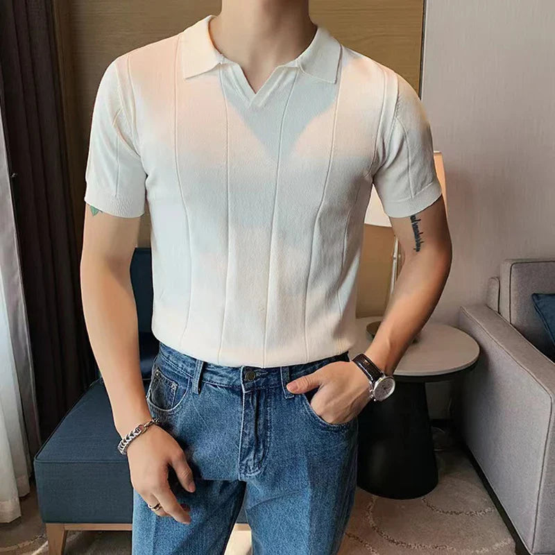 sanyamk  -  New Fashion Knitted Polo Shirt For Men Patchwork V-neck Short Sleeve Tops Japan Style Smart Casual Polos Tshirts Summer