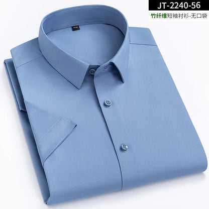 sanyamk Short Sleeve Male Dress Shirts Bamboo Fiber Soft Business Solid Men Formal Shirt No Pocket Comfotable Cool Regular Fit New