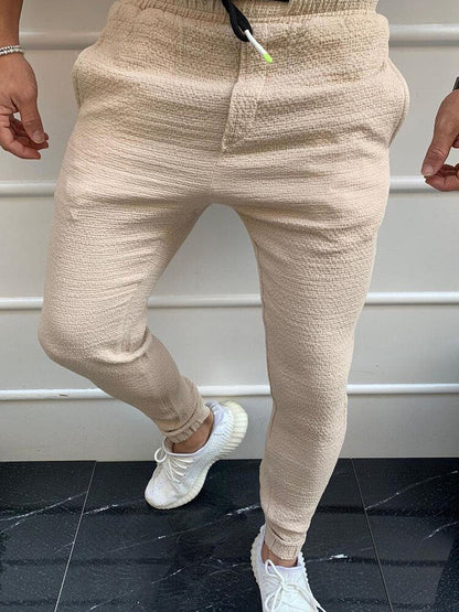 Bonsir Fashion Men Slim Trousers Spring Summer Solid Color Mens Tight Pencil Pants Casual Drawstring Tie-up Long Pants Man Streetwear