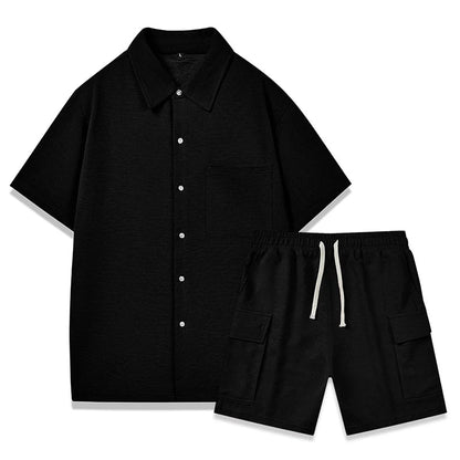 sanyamk Leisure Men's Two Piece Outfits Casual Solid Color Loose Breathable Short Sleeve Shirt And Shorts Beach Men Suits Spring Summer