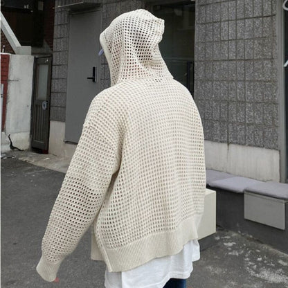 HOUZHOU Vintage Knit Mesh Coat for Men Hole Hooded Cardigan Long Sleeve Tee Male Casual Summer Japanese Streetwear Hip Hop