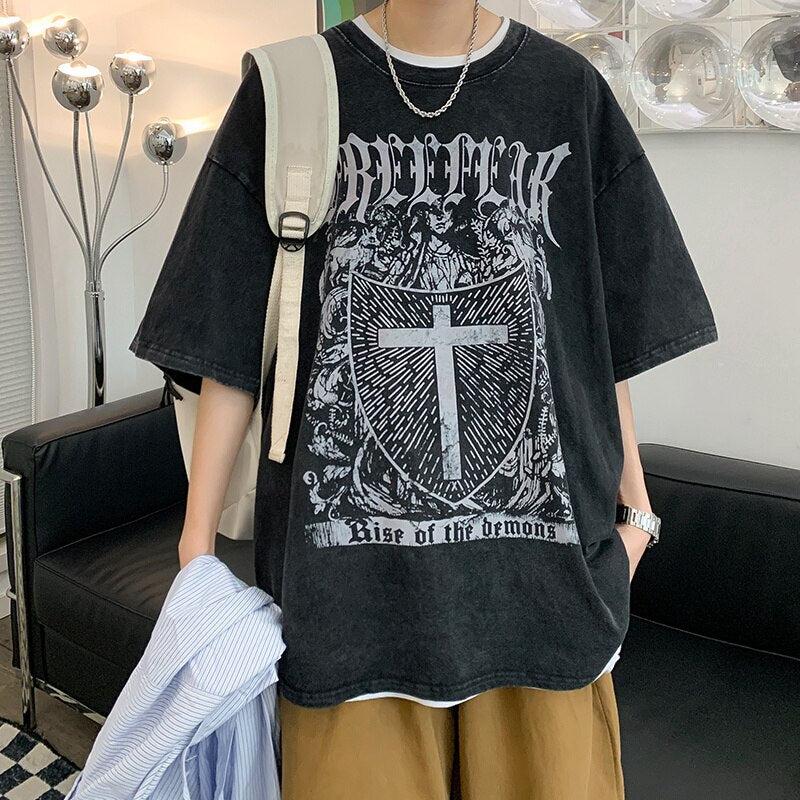 Bonsir Gothic Black Men's T-shirts Hip Hop Streetwear Short Sleeve Summer Luxury Tops Round Neck Male Acid Washed Tees