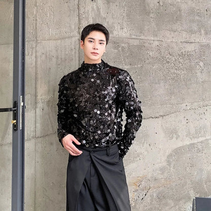 sanyamk  -  New Men's Spangly T-shirts Sequins Glitter Stand Collar Long Sleeve Skinny Tops Tees Stylish Party Clothing