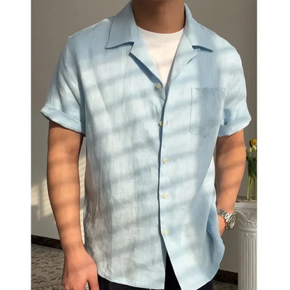 sanyamk  -  Summer Linen Cuban Collar Short-sleeved Shirt Beach Holiday Breathable Solid Color Shirt Retro Loose Top Ropa Hombre Casual