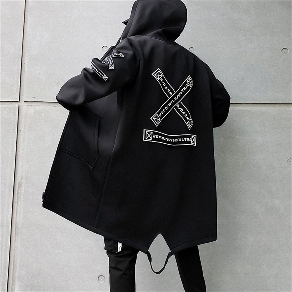 Bonsir Men's Harajuku Hooded Jackets Spring Autumn Print Windbreaker Ribbon Overcoat Outwear Hip Hop Male Casual Male Designer Clothing